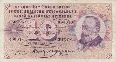 Suiza 10 Francs - Gottfried Keller - Carnation Flowers - 01-01-1967 - Serial 47C
