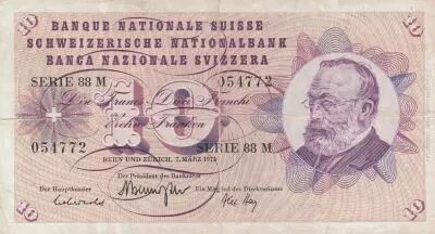 Suiza 10 Francs - Gottfried Keller - Carnation Flowers - 07-03-1973 - Serial 88M