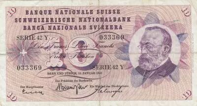 Suiza 10 Francs - Gottfried Keller - Carnation Flowers - 21-01-1965 - Serial 42Y