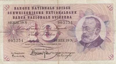 Suiza 10 Francs - Gottfried Keller - Carnation Flowers - 22-12-1960 - Serial 19N