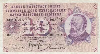 Suiza 10 Francs - Gottfried Keller - Carnation Flowers - 24-01-1972 - Serial 76A