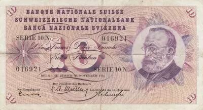 Suiza 10 Francs - Gottfried Keller - Carnation Flowers - 29-11-1956 - Serial 10N