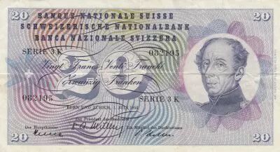 Suiza 20 Francs - Guillaume-Henri Dufour - Silver thistle - 01-07-1954 - Serial 3K