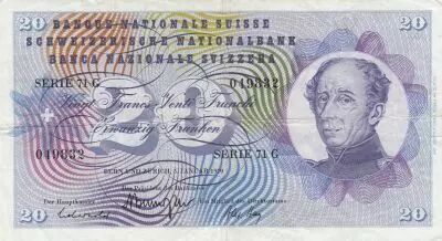 Suiza 20 Francs - Guillaume-Henri Dufour - Silver thistle - 05-01-1970 - Serial 71G