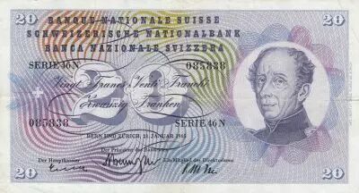 Suiza 20 Francs - Guillaume-Henri Dufour - Silver thistle - 21-01-1965 - Serial 46N
