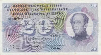 Suiza 20 Francs - Guillaume-Henri Dufour - Silver thistle - 26-10-1961 - Serial 27Z