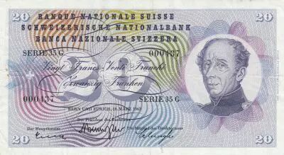 Suiza 20 Francs - Guillaume-Henri Dufour - Silver thistle - 28-03-1963 - Serial 35G
