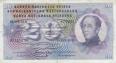 Suiza 20 Francs - Guillaume-Henri Dufour - Silver thistle - 30-09-1967 - Serial 53Q