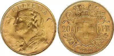Suiza 20 Francs Vreneli 1935 - B Bern - Gold