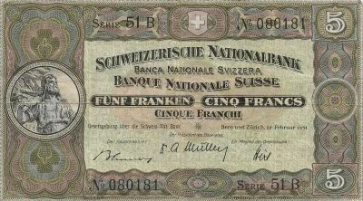 Suiza 5 Francs - 22-02-1951 - P.11o