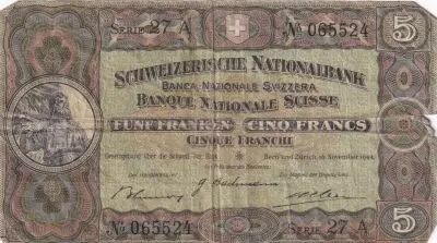 Suiza 5 Francs William Tell - 16-11-1944 - Serial 27 A