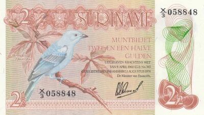 Suriname 2.5 guilders - Blue-grey tanager - Lizard and view of the Afobaka Dam - 1978 - Series X/3