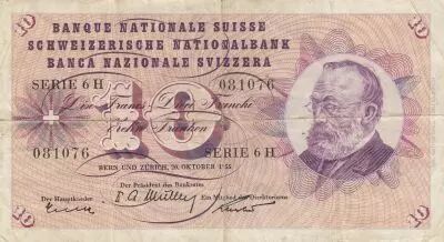 Svizzera 10 Francs - Gottfried Keller - Carnation Flowers - 20-10-1955 - Serial 6H