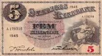 Sweden 5 Kronor - Svea - Gustav Vasa - 1945 - Serial A - P.33ab