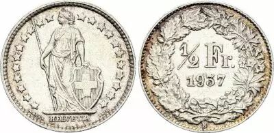 Switzerland 1/2 Franc Helvetia - 1937 - B Bern - Silver