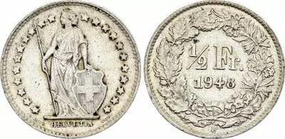 Switzerland 1/2 Franc Helvetia - 1948 - B Bern - Silver