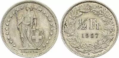 Switzerland 1/2 Franc Helvetia - 1957 - B Bern - Silver
