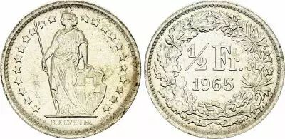 Switzerland 1/2 Franc Helvetia - 1965 - B Bern - Silver