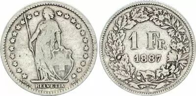 Switzerland 1 Franc Helvetia - 1887 - B Bern - Silver