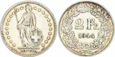 Switzerland 2 Francs - Helvetia - 1944 - B Berne - Silver