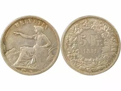 Switzerland 5 Silver Francs, Seated Helvetia - 1851 A Paris