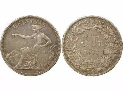 Switzerland 5 Silver Francs, Seated Helvetia - 1874 B. Bruxelles