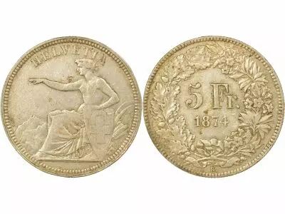 Switzerland 5 Silver Francs, Seated Helvetia - 1874 B. Bruxelles