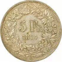 Switzerland 5 Silver Francs, Seated Helvetia - 1874 B. Bruxelles