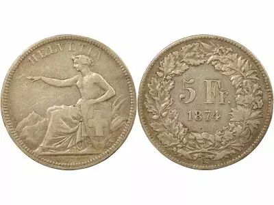 Switzerland 5 Silver Francs, Seated Helvetia - 1874 B. Bruxelles
