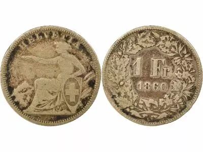 Switzerland Silver Franc, Seated Helvetia - 1860 B Berne