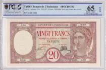 Tahiti 20 Francs - Peacock - Specimen - Papeete - Bank of French Indo-Chine - 1928 - PCGS MS 65