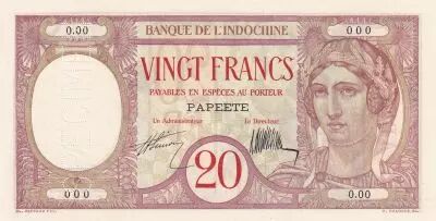 Tahiti 20 Francs Peacock - Specimen - Papeete - Bank of French Indo-Chine - 1928