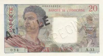 Tahiti 20 Francs Young farmer - ND (1954) - Specimen on circulated note Serial A.33