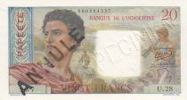 Tahiti 20 Francs Young farmer - ND (1954) - Specimen on issued note Serial U.28