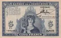 Tahiti 5 Francs - Papeete -  1944 - SPL - Kol.517a