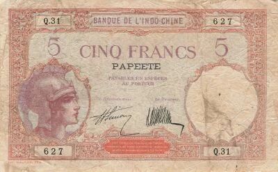 Tahiti 5 Francs - Woman with helmet - ND (1927) - P.11a