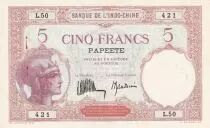 Tahiti 5 Francs - Woman with helmet - ND (1927) - Serial L.50 - 11b