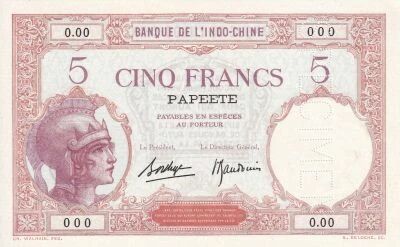 Tahiti Billet 5 Francs - Papeete - 1927 - Sp�cimen - S�rie O.00