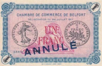 Territoire-de-Belfort Bon 1 Franc - Chambre de Commerce de Belfort - 1917 - Annul�