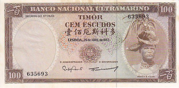 TIMOR 100 ESCUDOS 1963 UNC WITH OXIDE SPOTS.