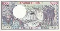 Tschad 1000 Francs - Watter buffalo - Mask, statue, trains, planes, bridge - 01-06-1980 - Serial O.14 - P.7