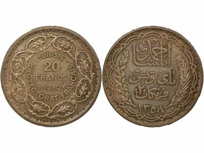Tunisia Ahmad II - 20 Silver Francs - 1939 Paris