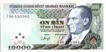 Turquia 10000 Lira, Pr&eacute;sident  Ataturk - Minar sinar- 1989 - P. 200
