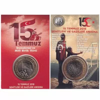 Turquie 1 Lirasi - Coincard - M�moire aux v�t�rans et martyrs du 15 juillet 2016 - Bim�tallique