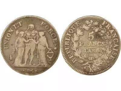 Union & Force - 5 Silver Francs - Year 6/5/4 K Bordeaux
