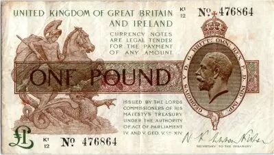 美品　イギリス　1922年　ジョージ5世　1ポンド　P-359 Banknote United Kingdom 1 Pound King George V and St George - 1922
