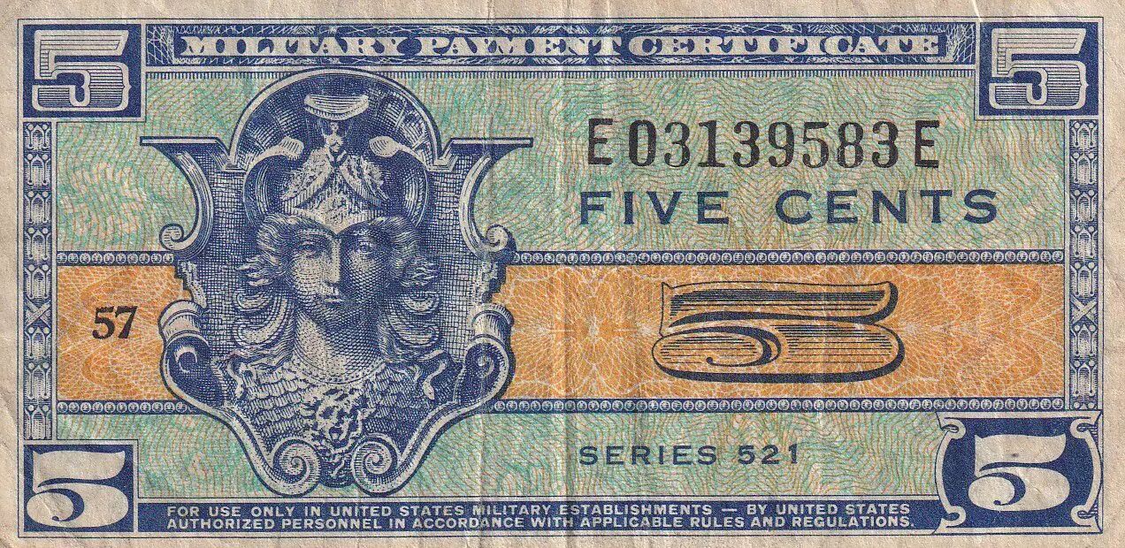 Billet USA 5 Cents Military Cerificate 1954 Série 521 M.29