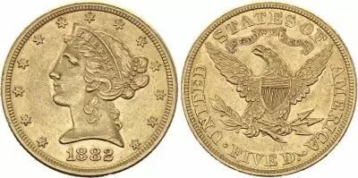 USA 5 Dollars Liberty - Eagle Coronet Head - 1882 Gold