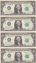 USA Planche non découpée de 4 billets de 1 Dollar - George Washington - 1985 - Lettre I