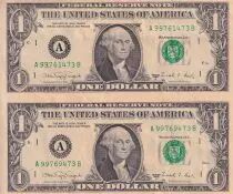 USA Sheet of 2 banknotes of 1 Dollar - George Washington - 1988 - Letter A